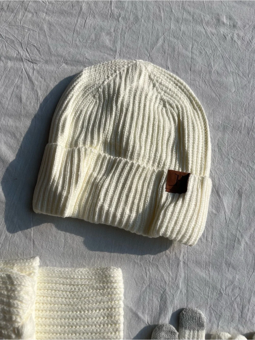 Cream Knit Winter Beanie, Gloves & Scarf Set - Men's Accessories